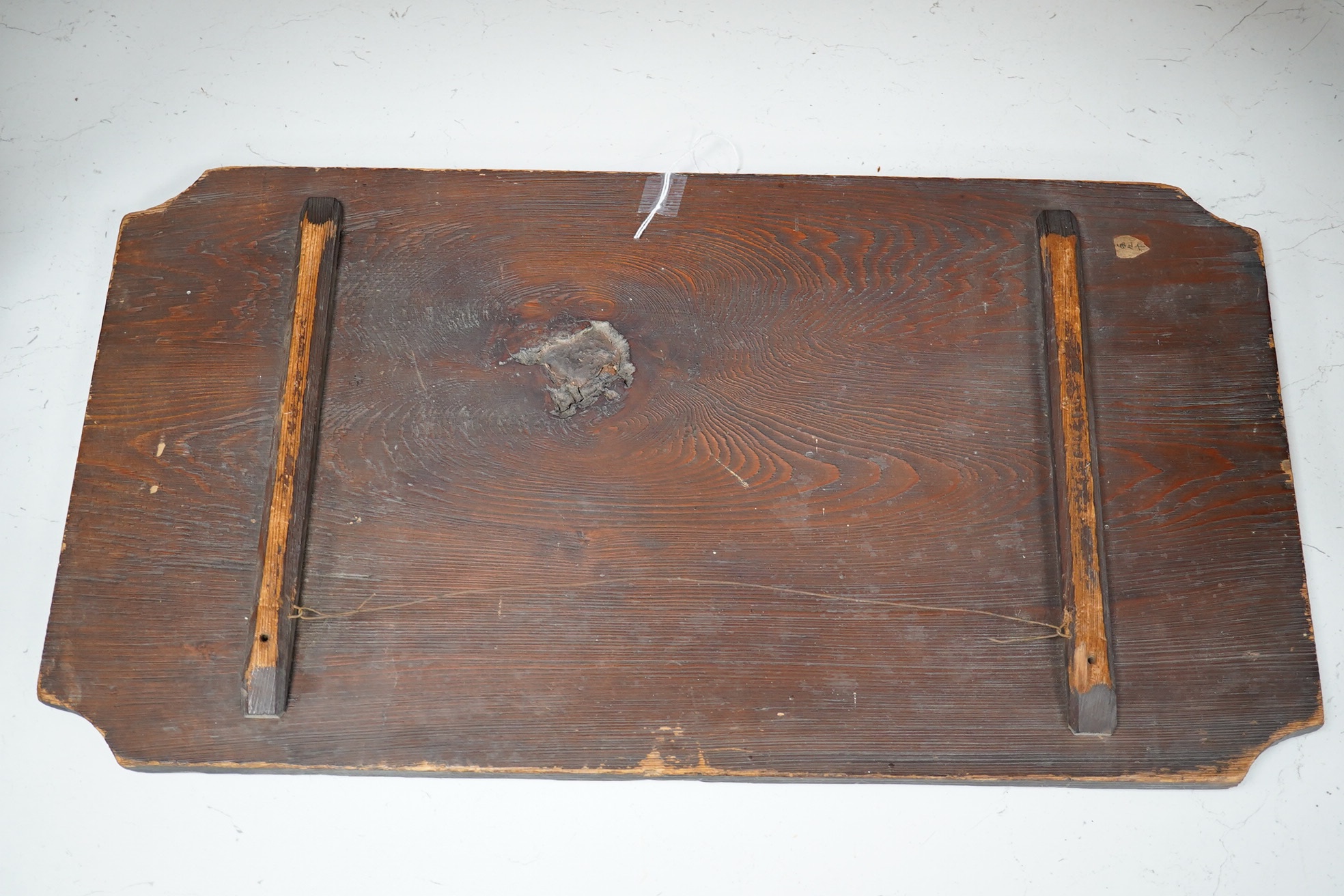 A 19th century Japanese grained wood and lacquer work panel, with mother-of-pearl flower buds, 29 x 55cm. Condition fair to good, minor chips and scratches to the wood.